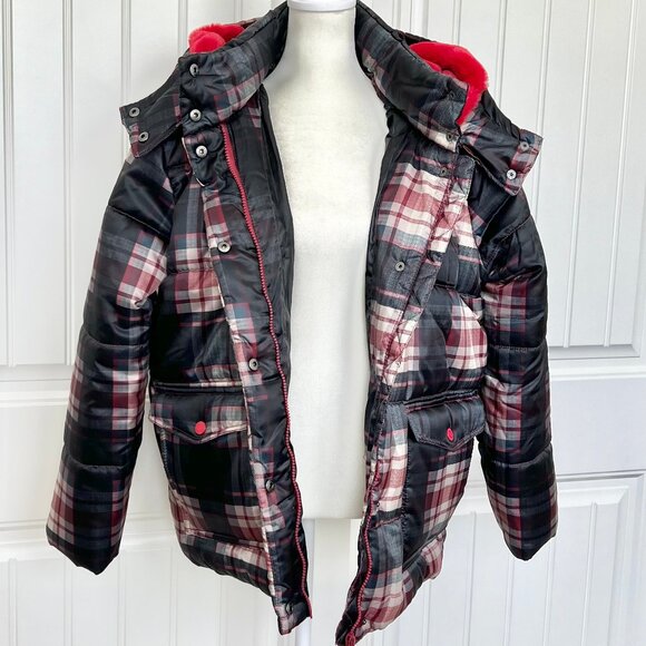 Urban Republic Women's Black & Red Plaid Faux Fur-Lined Hooded Puffer Jacket- Lg - Picture 1 of 12
